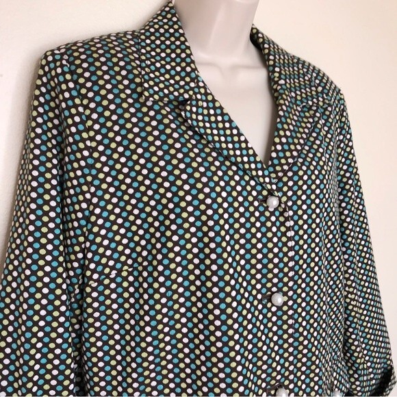 RQT Brown Embroidered White Aqua Polka Dot Pearl Button Jacket Women Size 14 - Picture 2 of 16